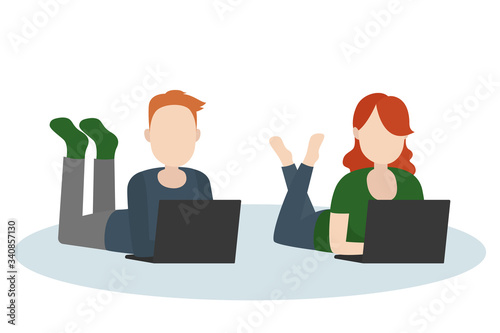 Man and woman lying on floor with laptops. Vector illustration.