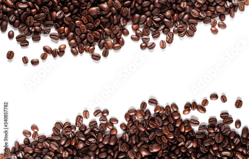 Coffee beans background isolated on white background with space. Top view. 