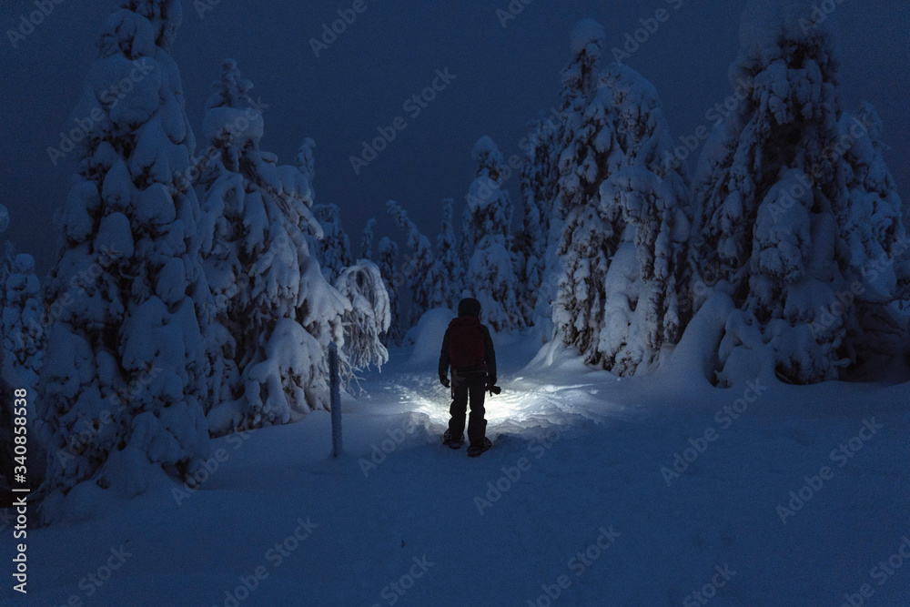 Φωτογραφία Trekker with a headlamp walking in a snowy Riisitunturi National Park, Finland