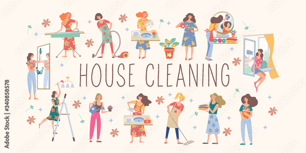 House cleaning. Cute housewife doing the housework. Vector collection.