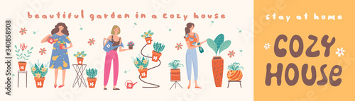 Stay at home. Create a home garden. Vector illustration.