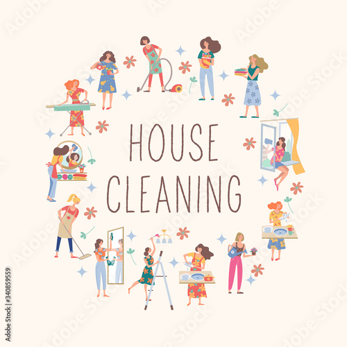 House cleaning. Cute housewife doing the housework. Vector collection.