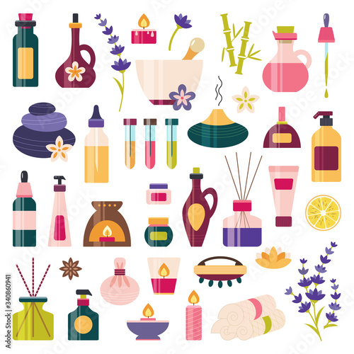 Aromatherapy essential oil icon set wellness spa