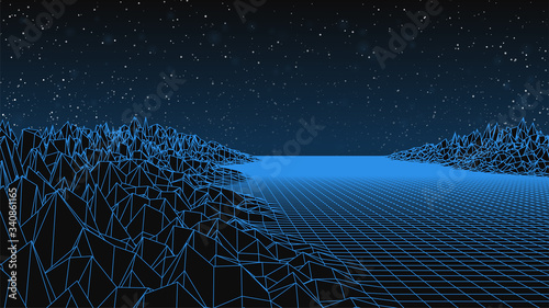 Retro future landscape. Wireframe terrain. Dark sky with 80s abstract grid. Party flyer template. Cyberspace background. Synthwave style. Stock vector illustration