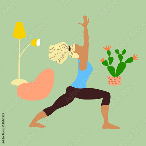 Girl blonde in a tracksuit doing yoga at home during quarantine. Young slender woman in a warrior pose. Interior: floor lamp,  bean bag chair,  flowering cactus. Stock vector simple flat illustration.