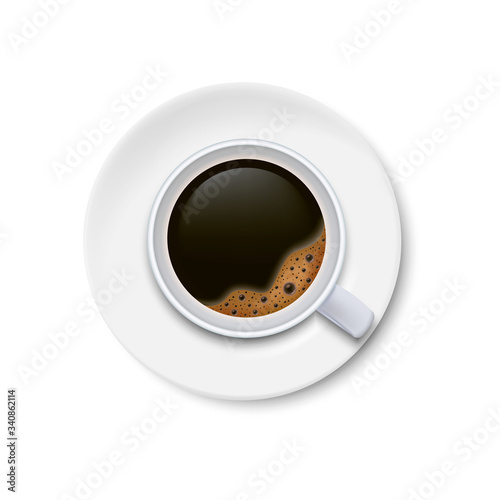 A cup of black coffee and saucer top view isolated on white background. Vector illustration.