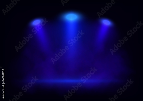 Vector blue spotlights on scene with light beams in the smoke. Design for presentation your product.