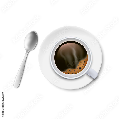 A cup of black coffee with spoon and saucer top view isolated on white background. Vector illustration.