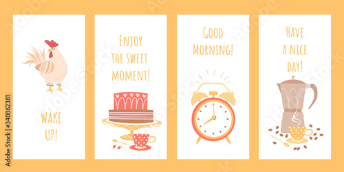 Set of good morning greeting card mockups with a funny rooster, alarm clock and coffee makers. Wake up and enjoy the happy moments of the concept