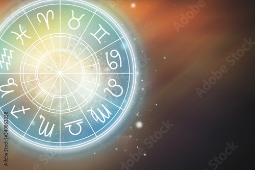 Astrological signs of the zodiac for the horoscope on the background of the starry sky. Illustration. Copy space