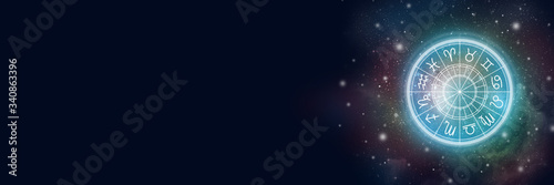 Astrological circle with the zodiac sign on a background of the starry sky. Illustration for horoscope. Banner. Copy space
