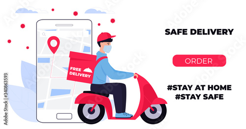 COVID-19. Quarantine in the city. Coronavirus epidemic. Delivery man in a protective mask carries food on a motorbike. Web page design templates. Stay home.