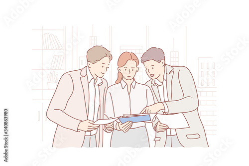 Meeting, coworking, teamwork, training, analysis, business concept. Team of businessmen woman partners collaborate together. Business training or project discussion planning strategy at office meeting