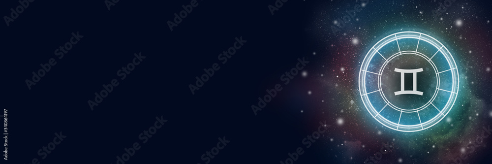 Astrological circle with the zodiac sign Gemini against a starry sky. Illustration for horoscope. Banner Astrological circle with the zodiac sign Gemini against a starry sky. Illustration for horoscope. Banner