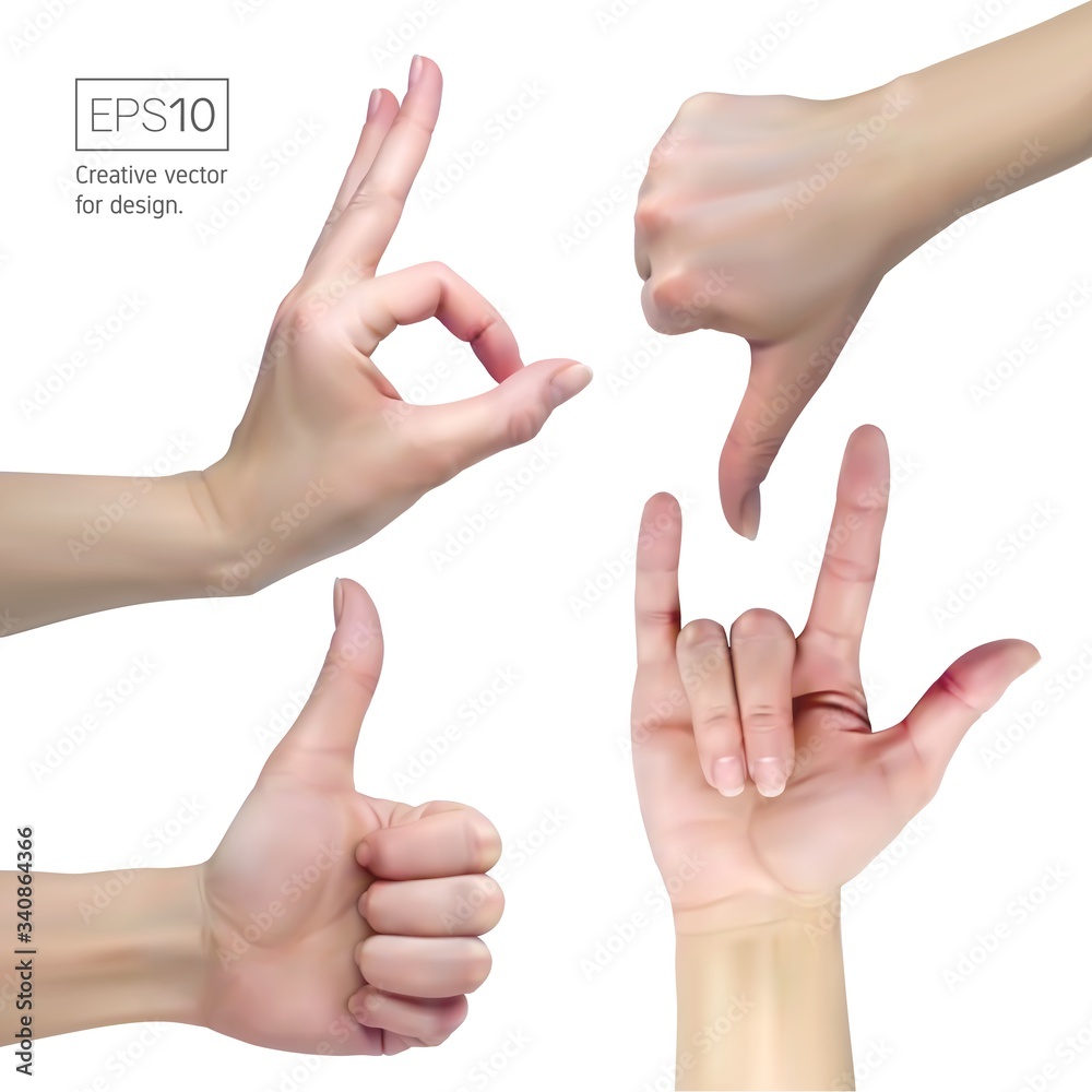 Thumbы down, ok, rock, like signs. Female hand on a white background show signs. Realistic vector 3D illustration in EPS10 format. Thumbы down, ok, rock, like signs. Female hand on a white background show signs. Realistic vector 3D illustration in EPS10 format.