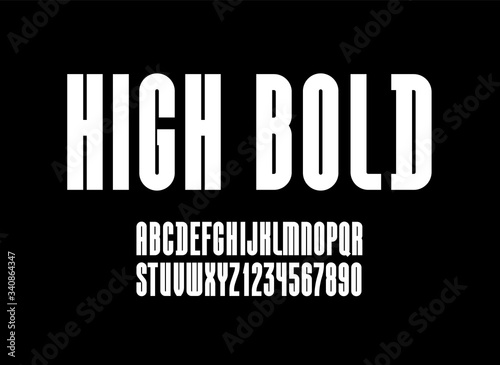 High font, condensed tall ultra bold alphabet sans serif, trendy uppercase Latin letters from A to Z and Arab numbers from 0 to 9 for you designs, vector illustration 10EPS