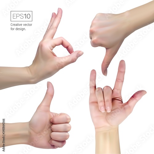 Thumbы down, ok, rock, like signs. Female hand on a white background show signs. Realistic vector 3D illustration in EPS10 format.