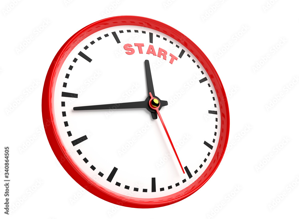 Clock shows that time for start is come. Concept of good time for activity and to begin to do something. 3D illustration Clock shows that time for start is come. Concept of good time for activity and to begin to do something. 3D illustration