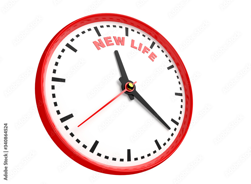 Clock shows time for new life. Concept of renovation and changes. 3D illustration Clock shows time for new life. Concept of renovation and changes. 3D illustration
