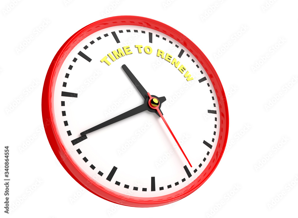 Clock shows time to renew. Concept of renewal and renovation. 3D illustration Clock shows time to renew. Concept of renewal and renovation. 3D illustration
