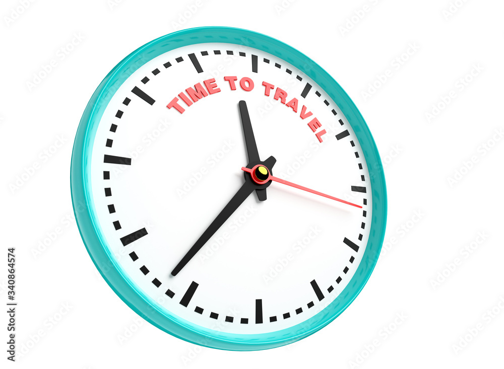 Clock shows time to travel. Concept of travelling and adventures. 3D illustration Clock shows time to travel. Concept of travelling and adventures. 3D illustration
