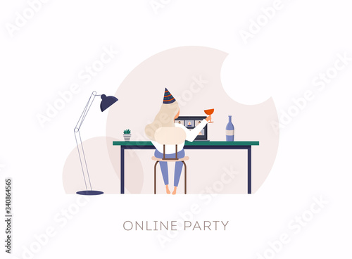 Woman on a virtual happy hour meeting birthday party with her friend in video conference. photo