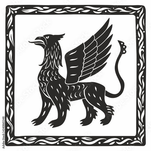 Griffin silhouette. Decorative graphics stylization of medieval miniatures. Vector hand illustration