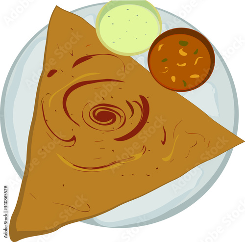 indian food. dosa with chutney,  sambar. spices. curry masala. Traditional food in Delhi, Mumbai, Agra, Pakistan, Bangladesh. vector eps 10