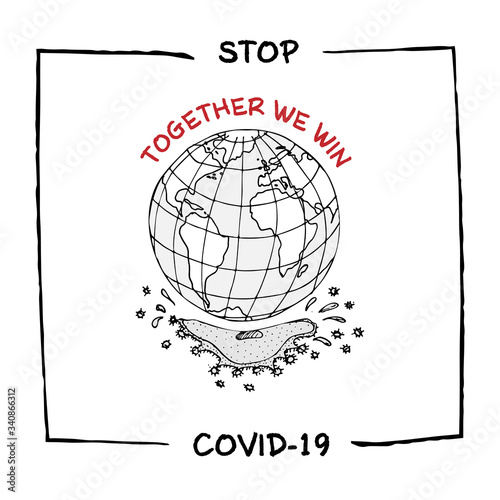 Design concept of Medical, social, economic and financial information agitational poster against coronavirus epidemic with text Stop Covid-19 Sketch style