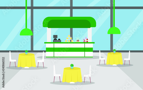 Interior restaurant or cafe in the airport on the background of a large glass window with tables, chairs, yellow tablecloth A stall with different food from sweets and soda and bouquets of flowers