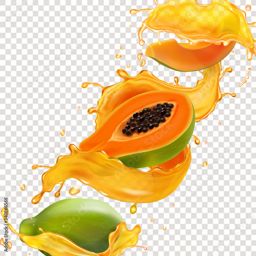 Papaya fruit realistic juice splash vector
