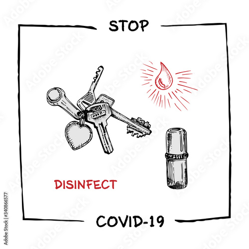 Design concept of Medical, social, economic and financial information agitational poster against coronavirus epidemic with text Stop Covid-19 Sketch style