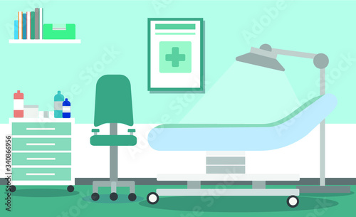 illustration of the interior of a medical office or the observation of the doctor in a hospital or clinic, in a flat style. The doctor's office room with a desk, medical armchair, shelf, furniture.