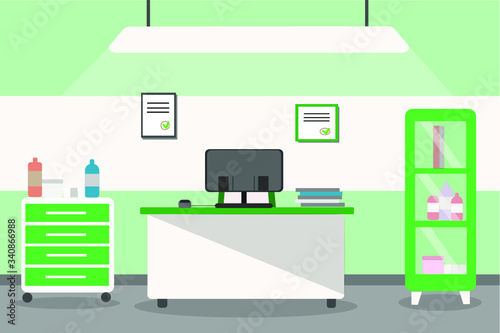 illustration of the interior of a medical office in a hospital or clinic, in a flat style. The doctor's office with a desk, shelf, furniture, medical lamp and other medical equipment 
