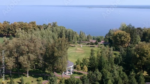 Aerial park Mezhigorye. Summer time of the year. Gazebo trees sea promenade. Drone photo