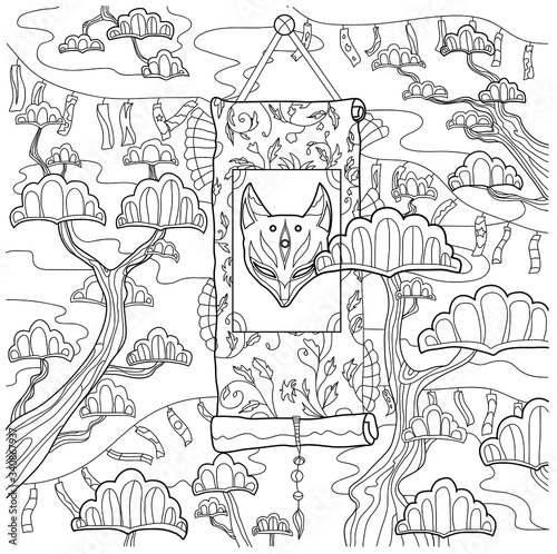 Japanese or chinese fox demon mask kitsune on a scroll surrounded by trees drawing for coloring book without color and background  doodle art. 