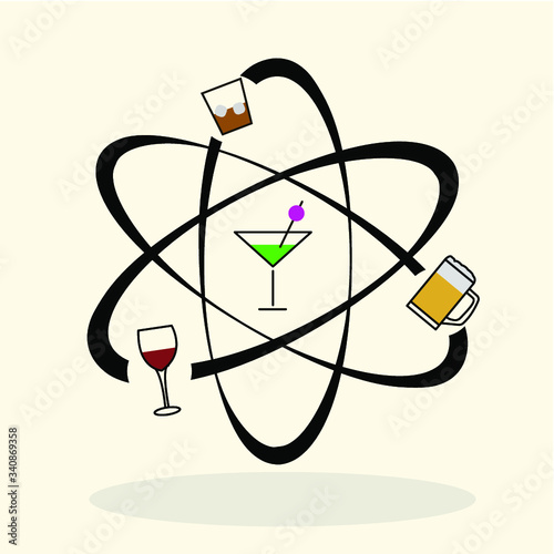 Vector alcohol in atom. Logotoip of bar, beer, whisky, wine, cocktail, minimalism, sign