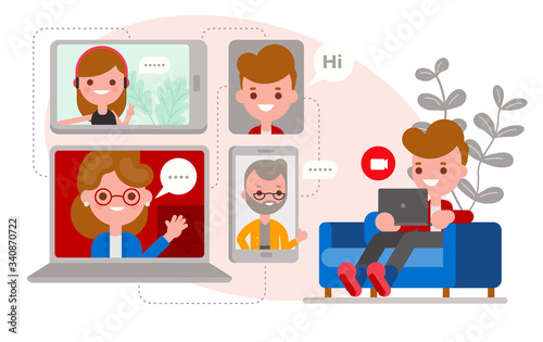 Relaxed Man sitting on sofa, chatting with his friends and family using video call app on laptop and smartphone. flat design vector cartoon characters.