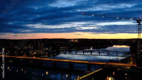 Umea river and bridges at sunset, Umea, Vasterbotten, Sweden