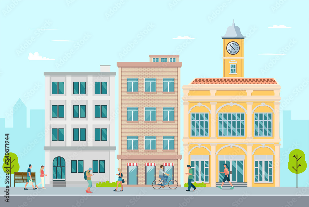 Flat apartment in town with people walking around.Town, leisure outside concept.Vector illustration.Modern buiding with people on street