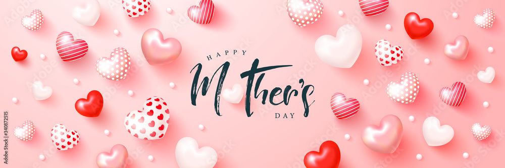 Happy mother's day banner with cute 3d hearts. Template design for postcard, flyer,poster, invitation.Vector illustration
