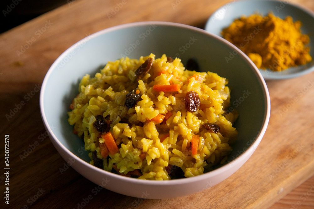 Yellow curry rice with vegetables and raisins Yellow curry rice with vegetables and raisins