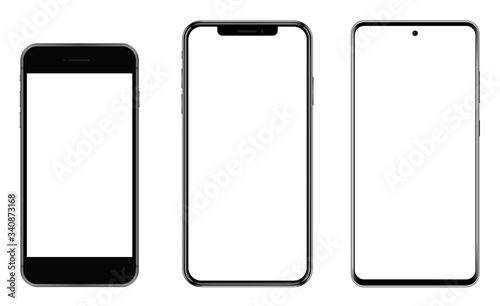 3 new phones with blank screen. Ideal for e-commerce, website presentation ui and ux. Vector