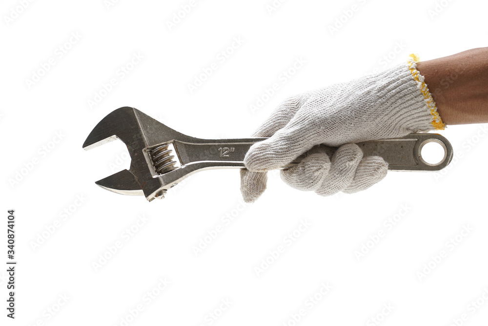 Holding spanner on isolated white background. Holding spanner on isolated white background.