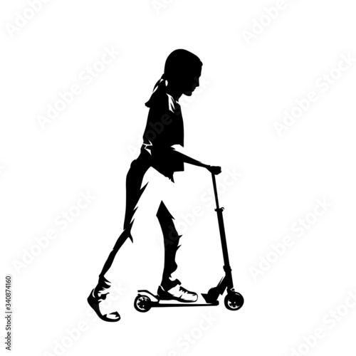 Young schooler girl rides scooter, ink drawing. Isolated vector silhouette. Playing kid. Side view