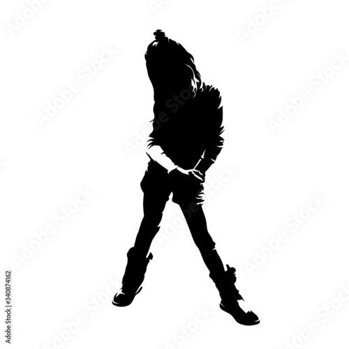 Young girl standing with arm in arm and straddled legs, schoolgirl posing front view. Isolated vector silhouette. Ink drawing