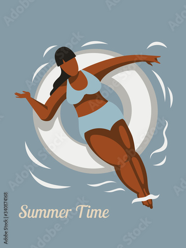 Plus size gorgeous girl in the summer swimming pool. Flat design