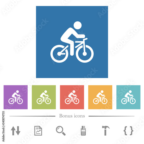 Bicycle with rider flat white icons in square backgrounds