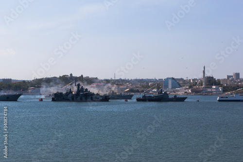 Small anti-submarine ship MPK-118 Suzdalets firing from an RBU-6000 jet bomb at the parade in honor of the Navy Day in Sevastopol Bay, Crimea © muhor
