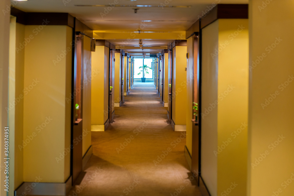 Hotel hallway with bright light
